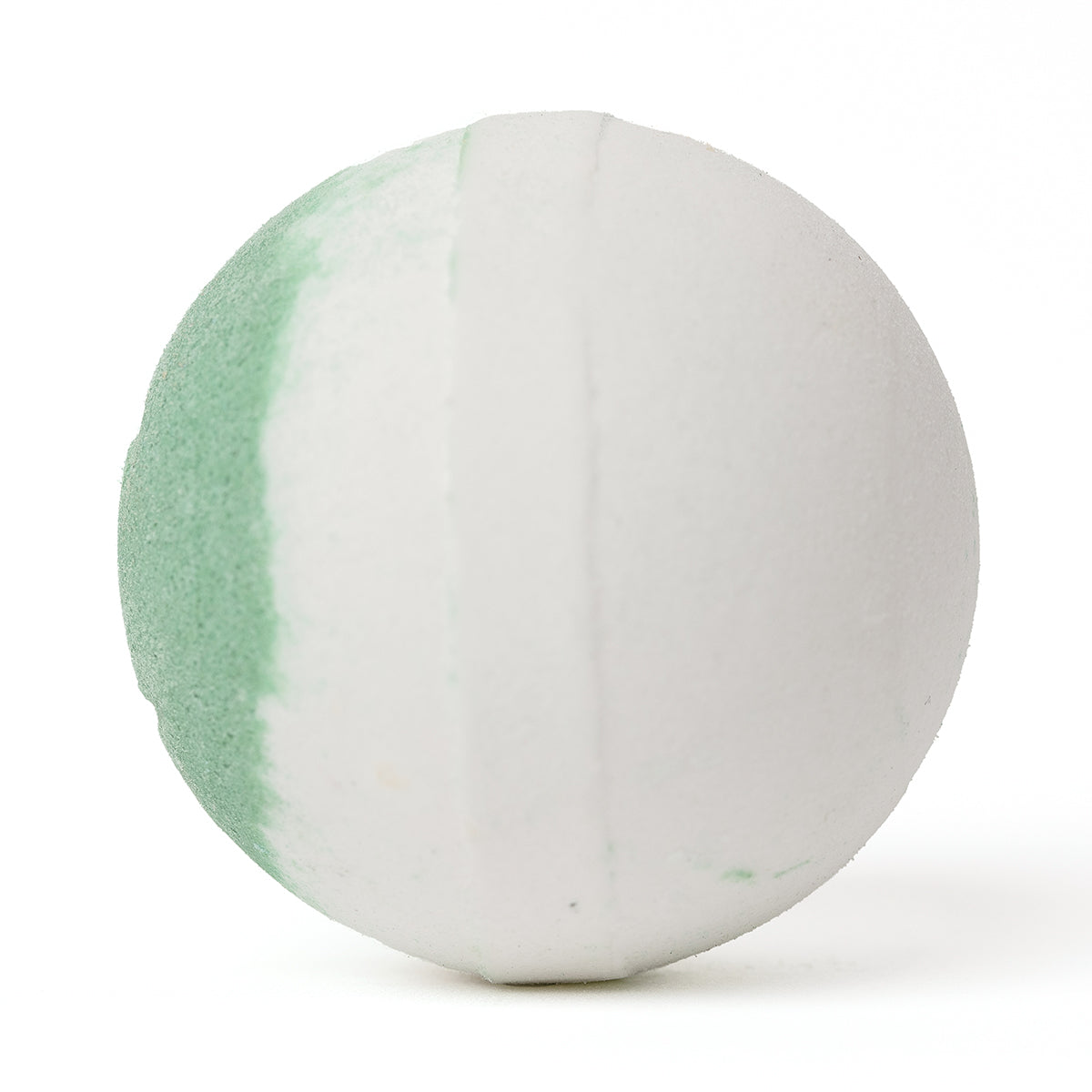 Spherical white bath bomb with a soft green accent stripe on a white background.