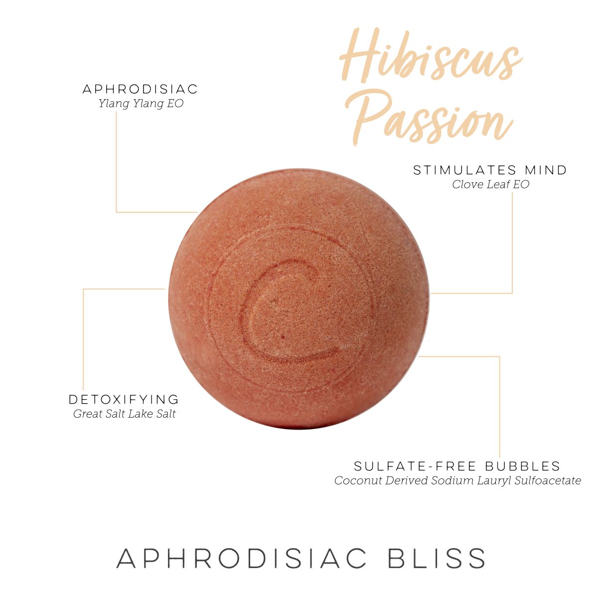 Round, terracotta-colored Hibiscus Passion bath bomb with a stamped logo, labeled with Ylang Ylang and Clove Leaf benefits.